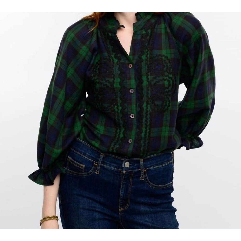 Sister Mary Rosa Plaid Trimmed Shirt Green Navy Ruffled Collar RicRac Size Small - Picture 2 of 12